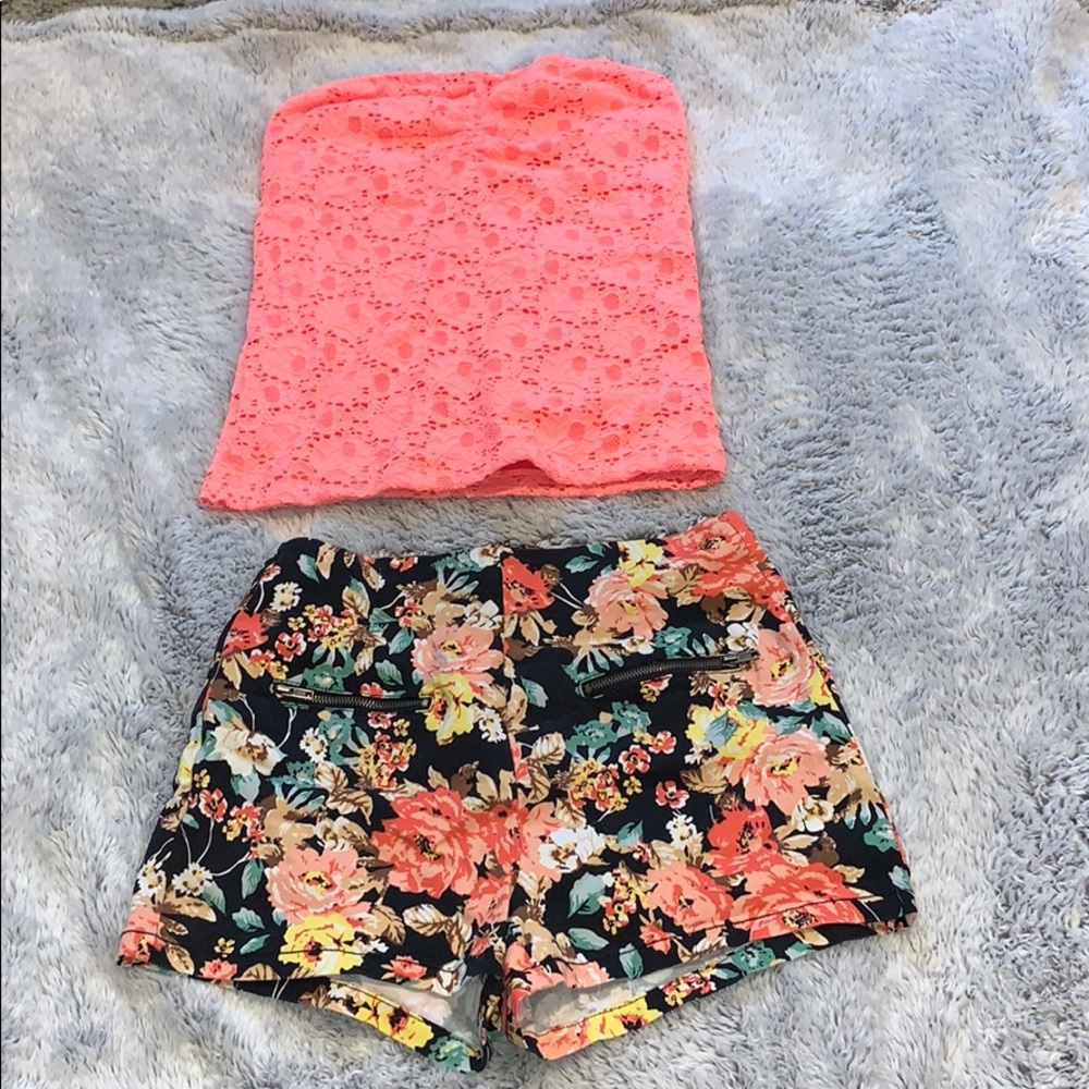 Coral lace tube top and floral shorts